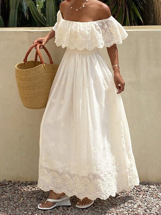 Dresses & Skirts - Apricot Boho Women's Vacation Embroidered Off-Shoulder Ruffle Sundress